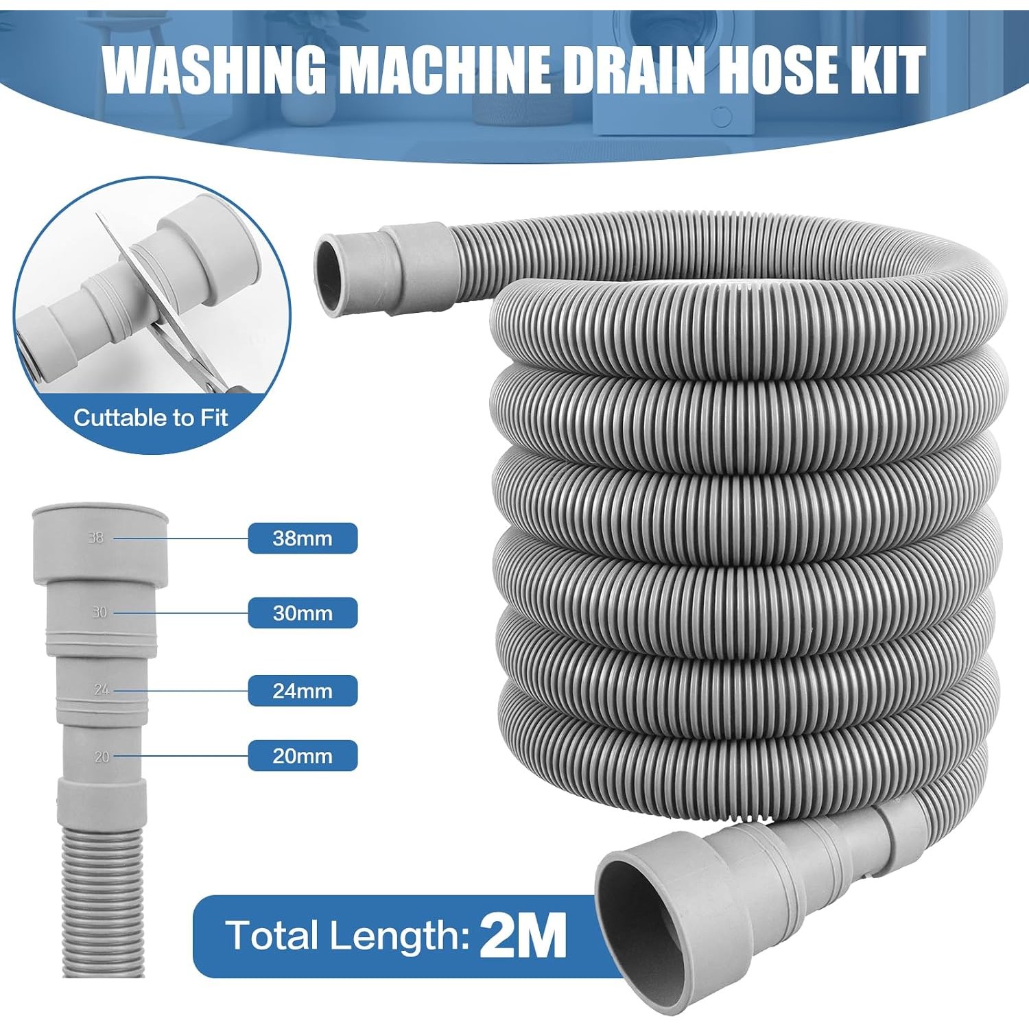 2m Appliance Drain Hose Kit with U-Bracket, Adapter and Clamps