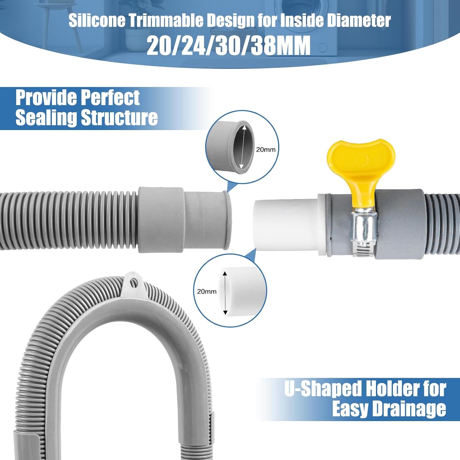 2m Appliance Drain Hose Kit with U-Bracket, Adapter and Clamps
