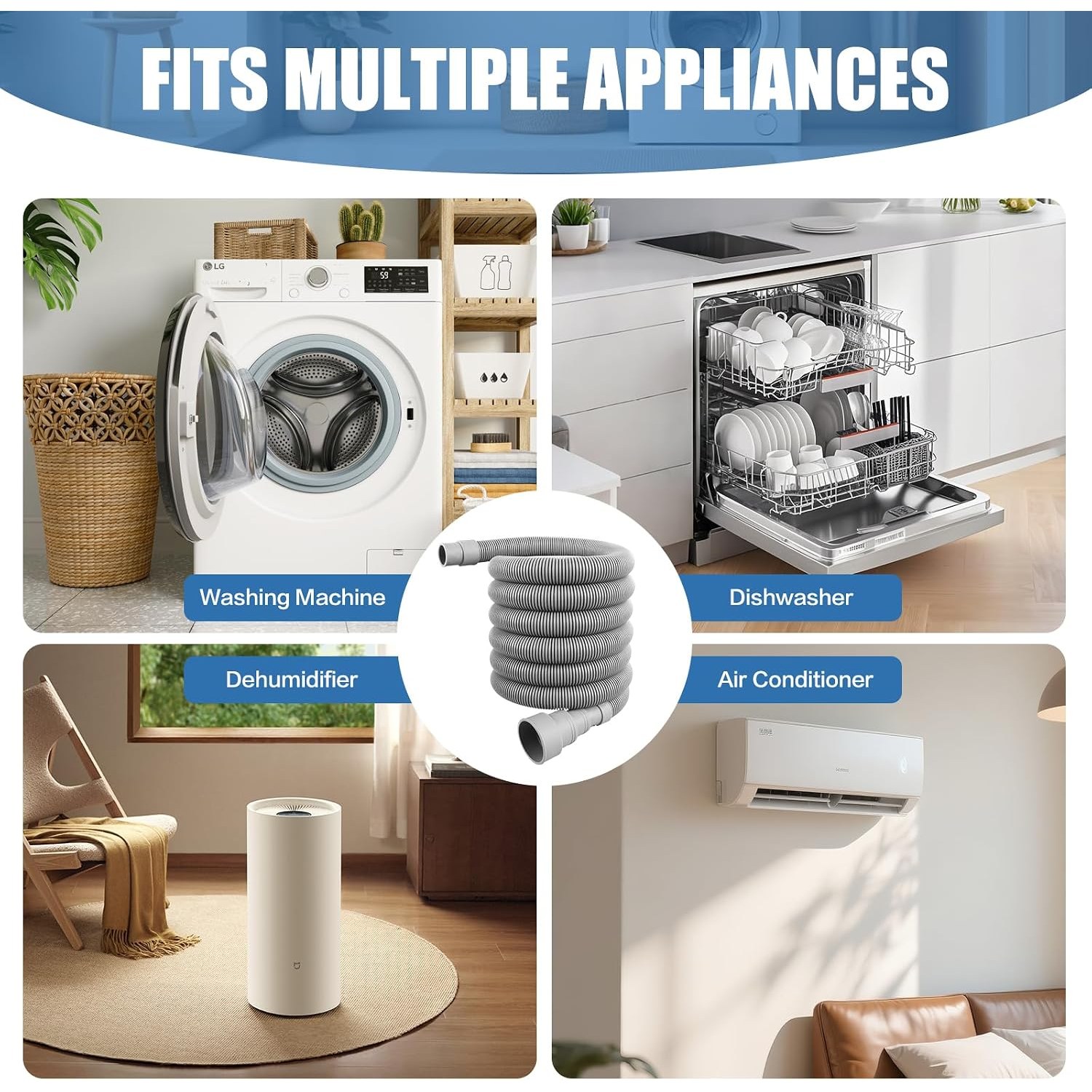 2m Appliance Drain Hose Kit with U-Bracket, Adapter and Clamps