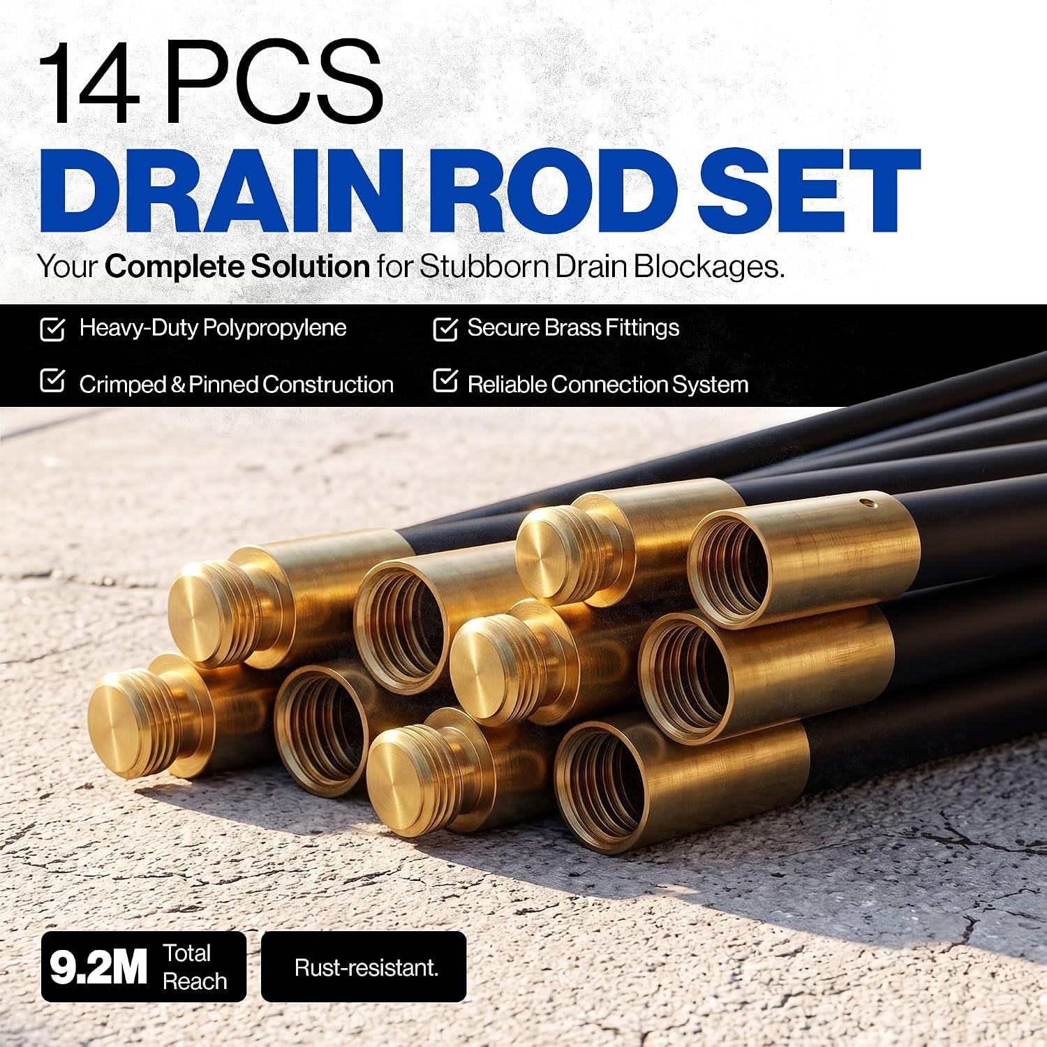 14 Piece Drain Rod Set with Plunger, Scraper and Worm Screw: image 2