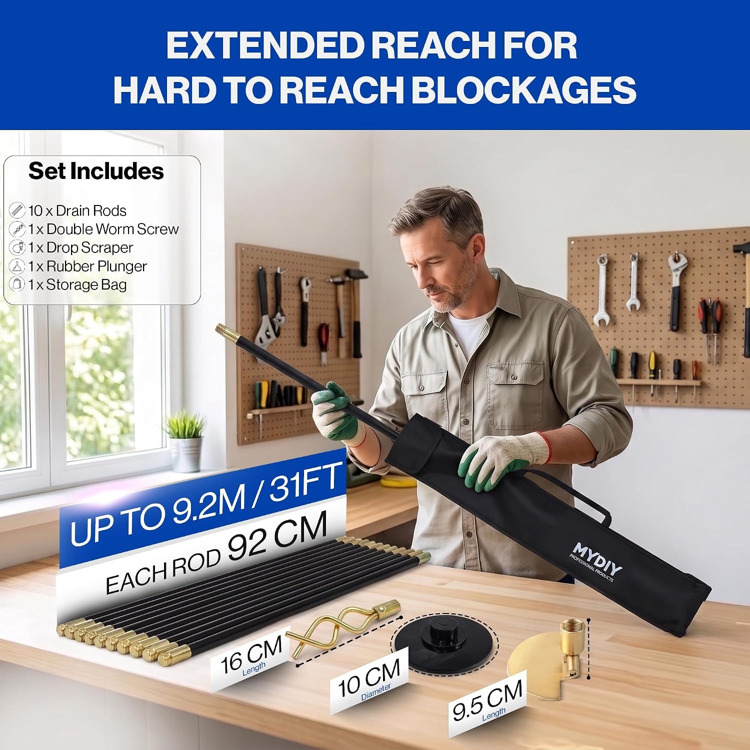 14 Piece Drain Rod Set with Plunger, Scraper and Worm Screw: image 4