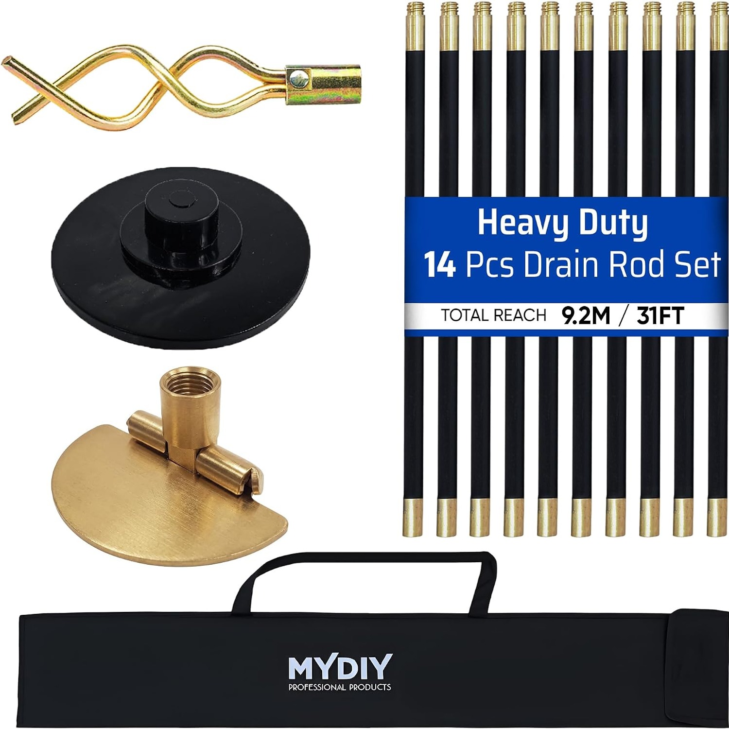 14 Piece Drain Rod Set with Plunger, Scraper and Worm Screw