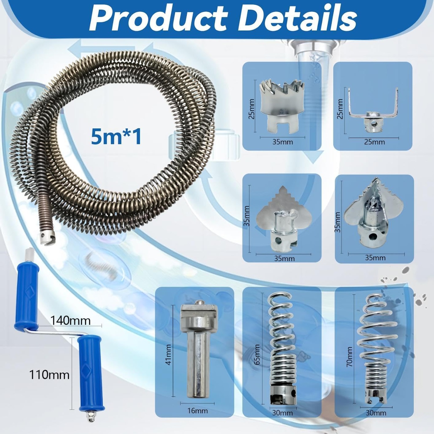 5m Pipe Cleaning Spiral with 6 Cutter Heads: image 2