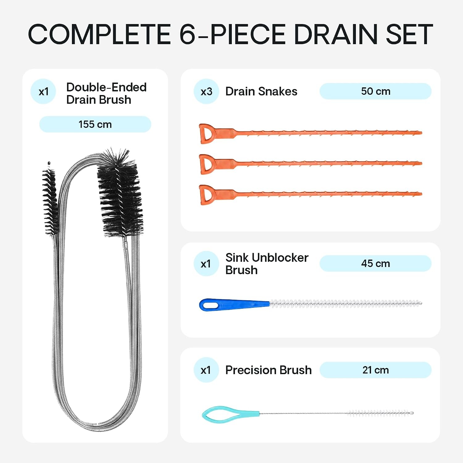 Stainless Steel Sink Unblocker Set, 6 Piece Drain Cleaning Kit