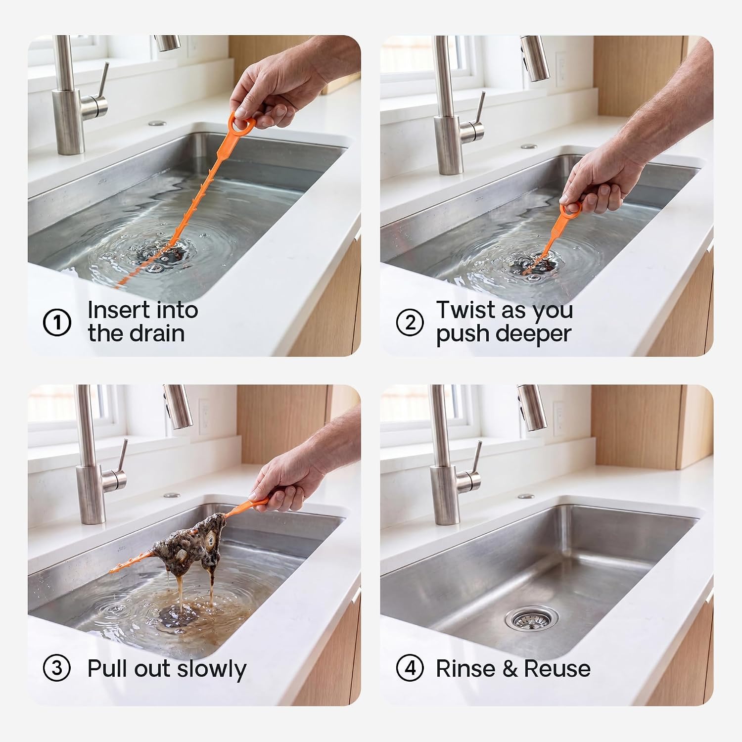 Stainless Steel Sink Unblocker Set, 6 Piece Drain Cleaning Kit