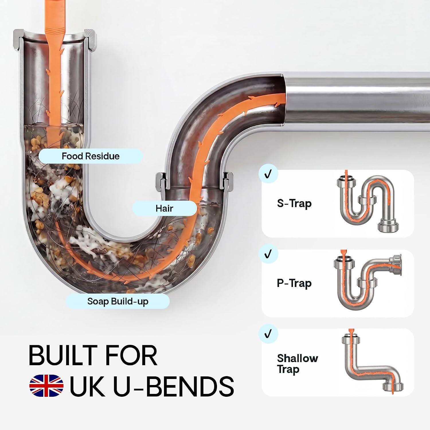 Stainless Steel Sink Unblocker Set, 6 Piece Drain Cleaning Kit