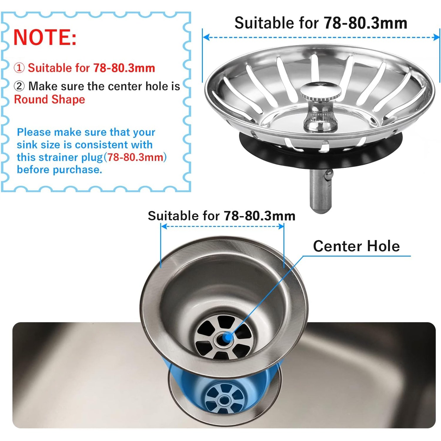 78mm Kitchen Sink Strainer and Plug, 2 Pack: image 3