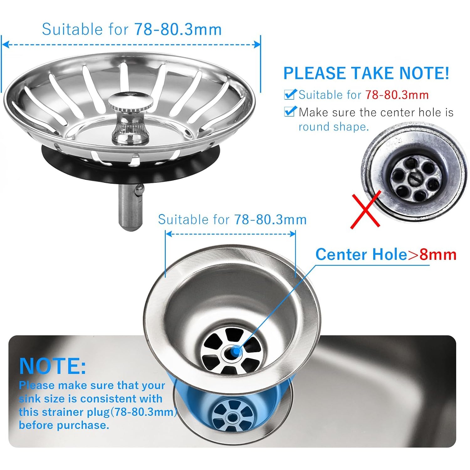 78mm Stainless Steel Kitchen Sink Strainer Plug: image 3