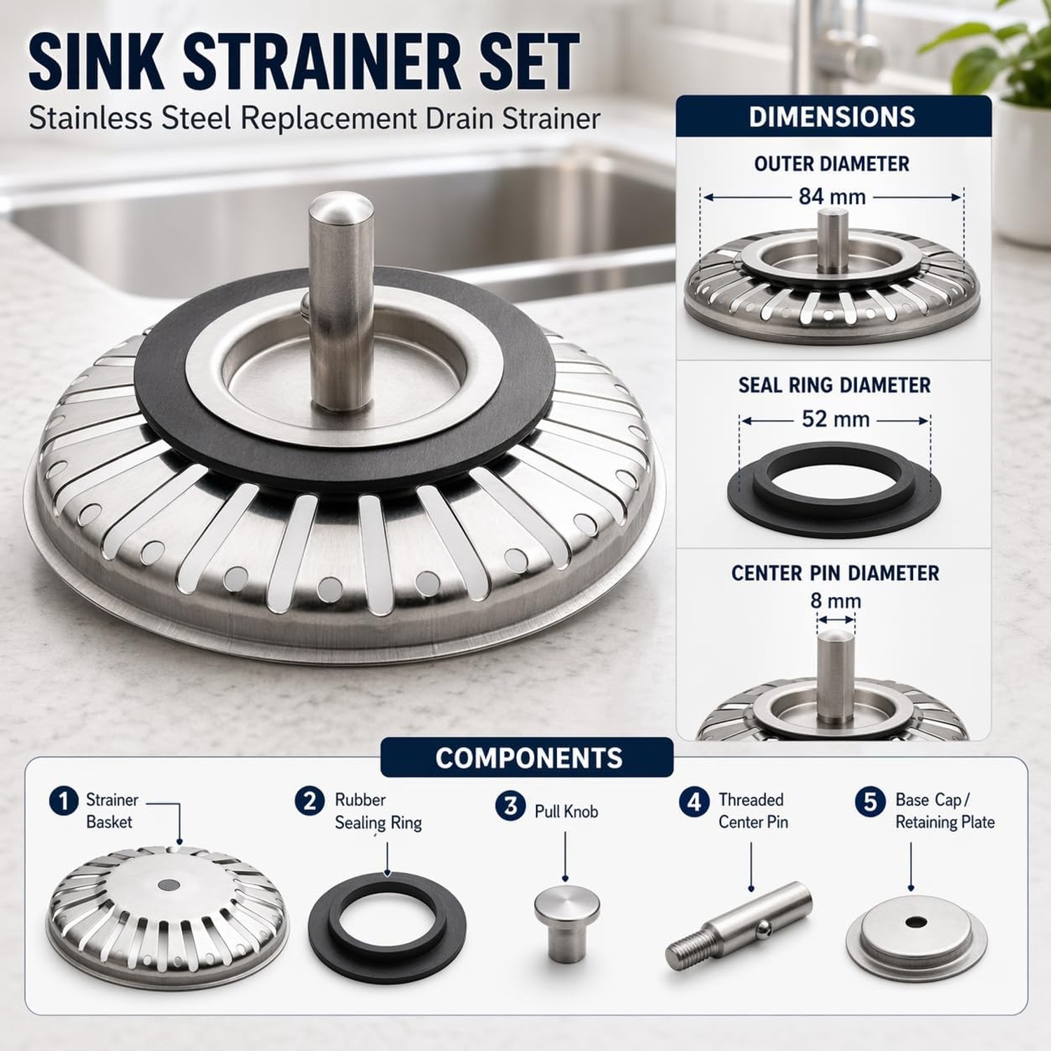 Stadux 84mm Stainless Steel Kitchen Sink Strainer Plug: image 3