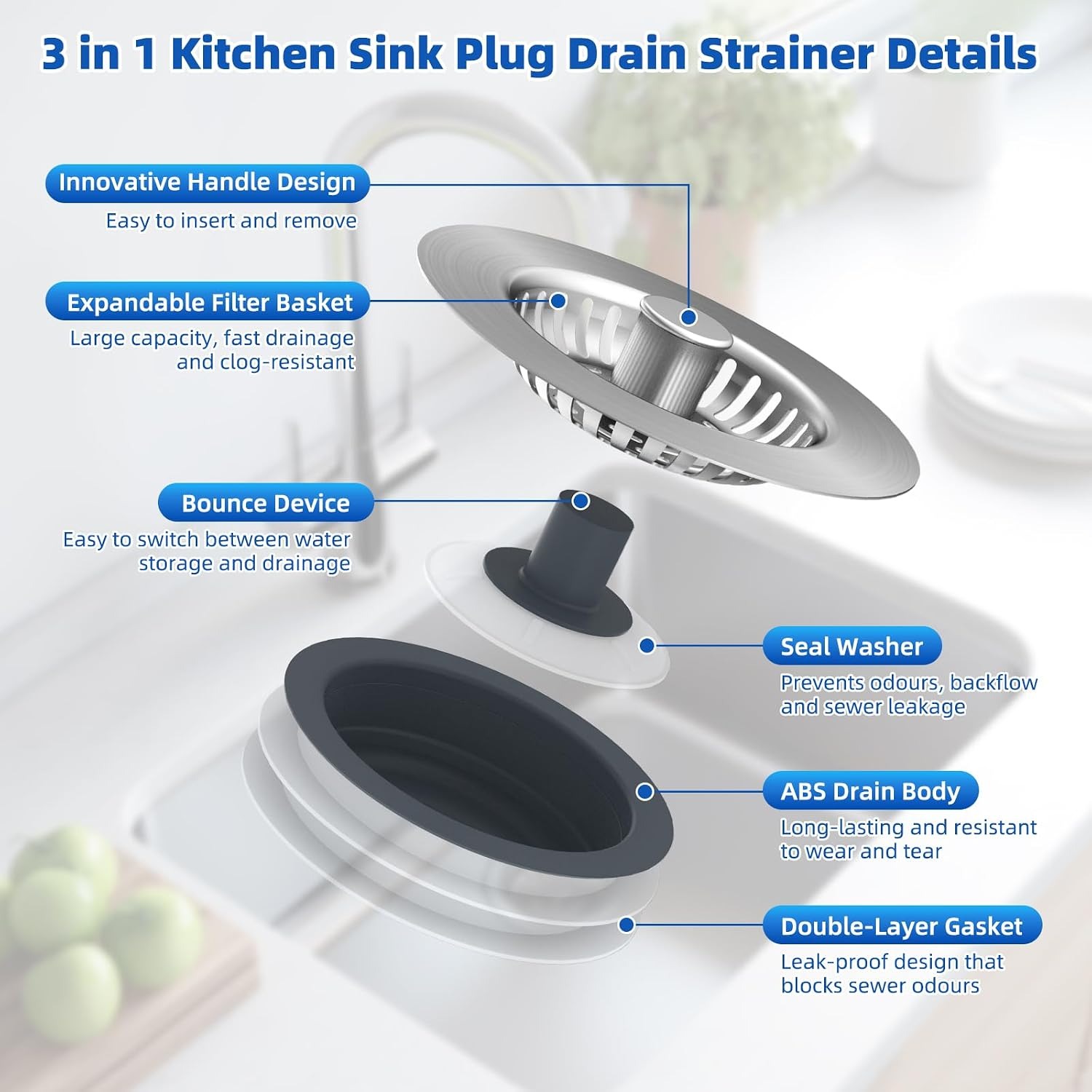 Three in One Kitchen Sink Plug with Strainer Basket: image 6