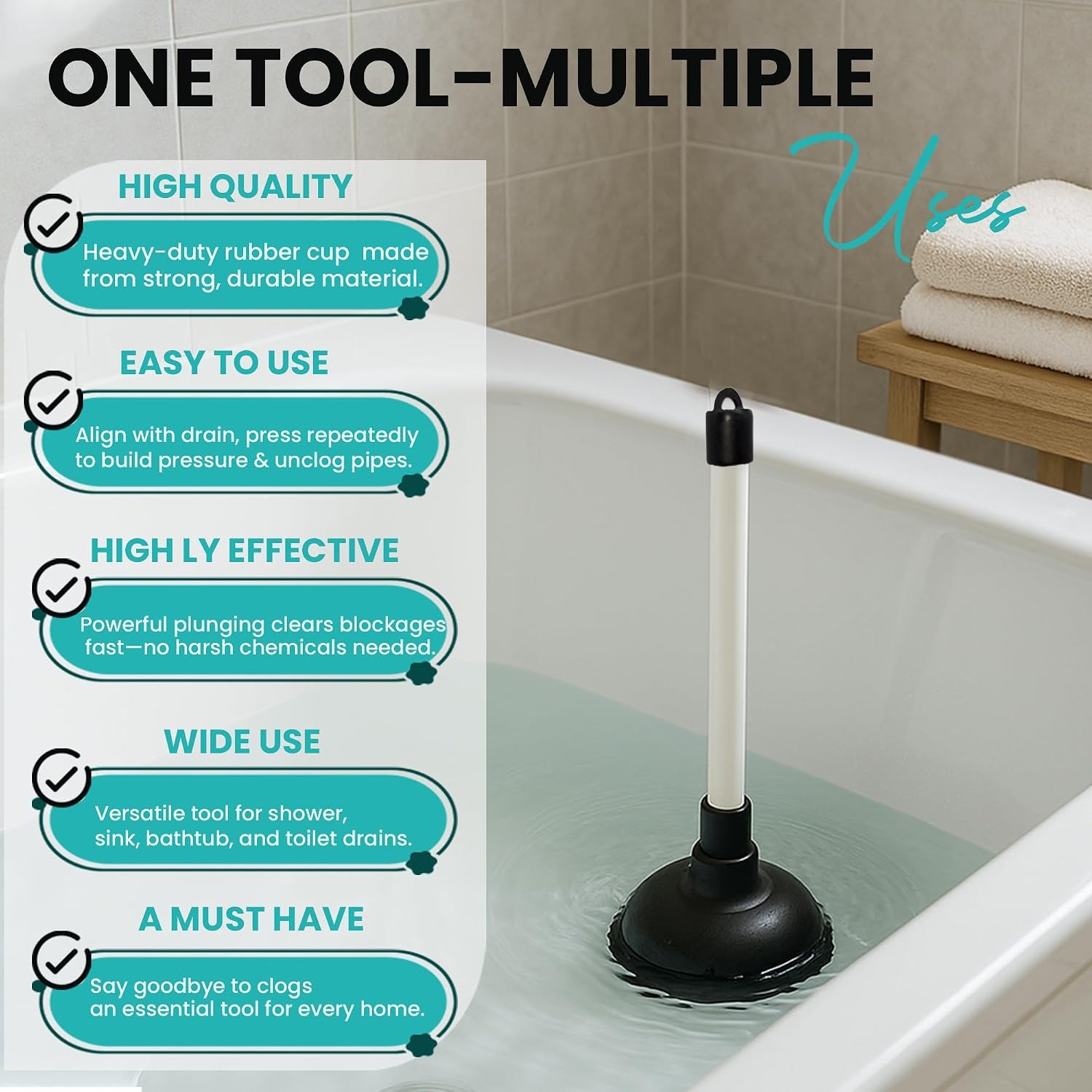 Long Handle Sink Plunger 10cm: image 5