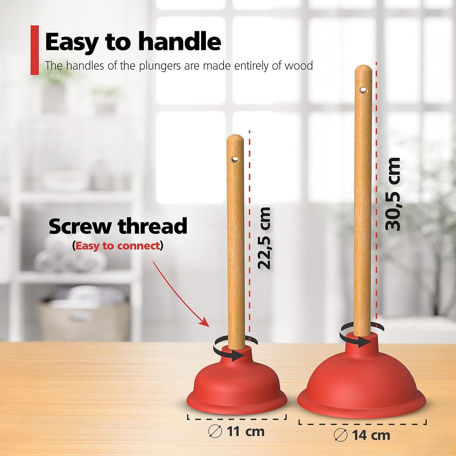 Plunger Set, 110mm and 140mm with Wooden Handles: image 4