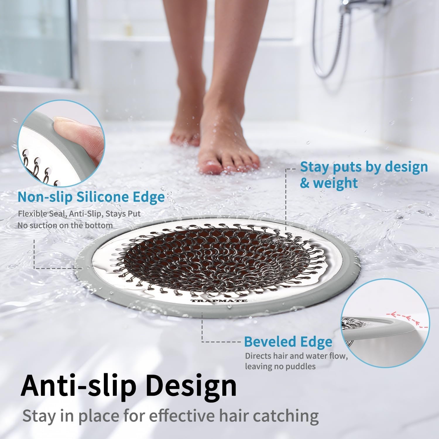 Non-Slip Stainless Steel Shower Drain Hair Catcher