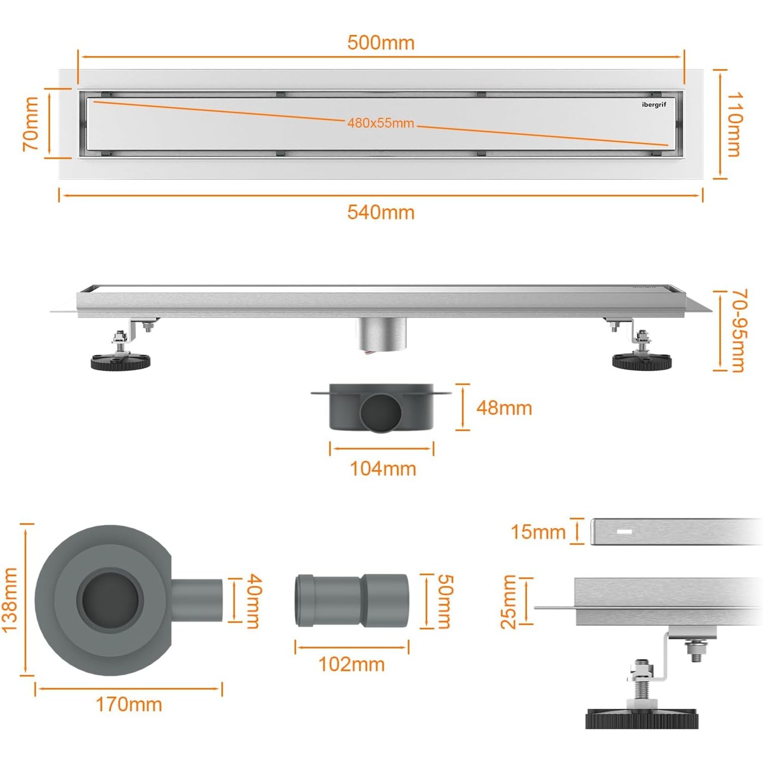 500mm Linear Shower Drain in Stainless Steel: image 2