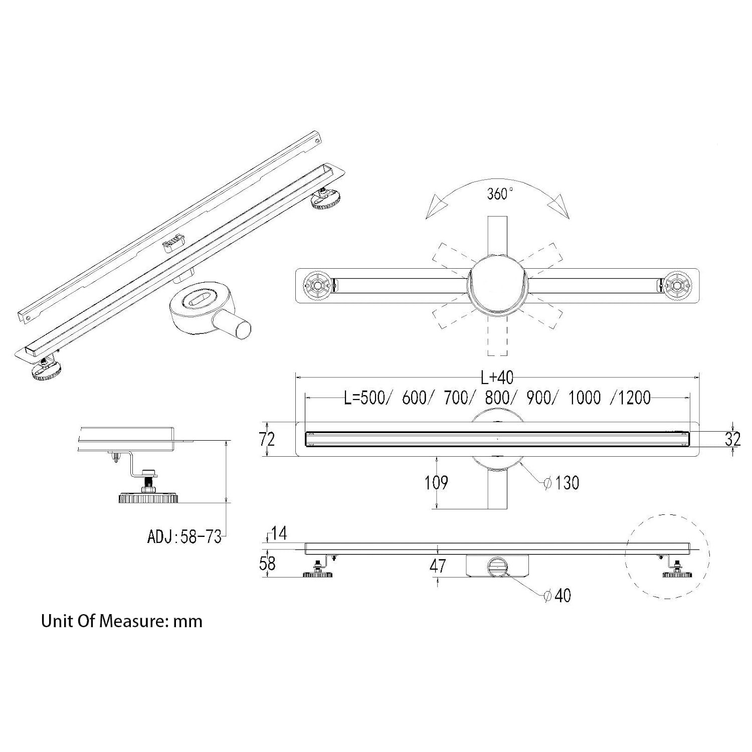 700mm Linear Shower Drain with 360° Rotating Trap and Hair Strainer: image 6