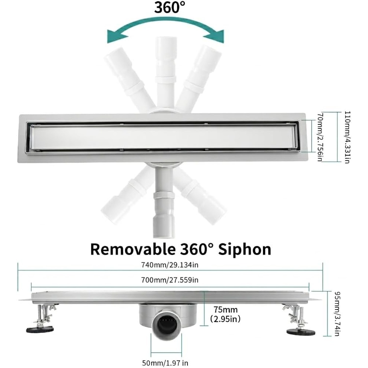 RONVIE 600mm Tile Insert Linear Shower Drain with Rotatable Siphon Trap: image 2