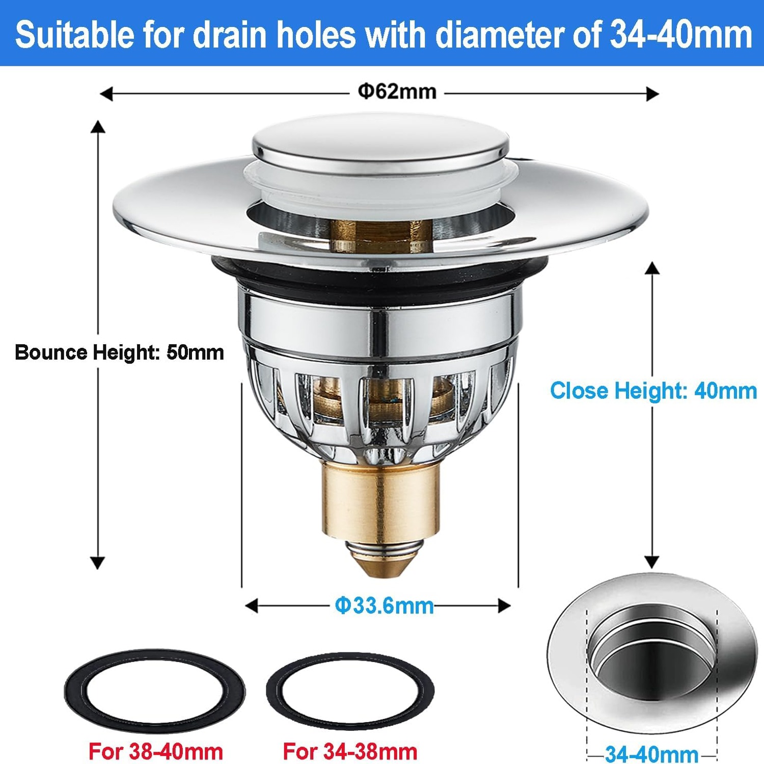 Stainless Steel Basin Pop Up Plug with Filter Basket (34-40mm)
